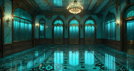 blue green lobby room interior of mansion palace hotel building. door walkway art nuevo gothic turquoise and gold ornamental style with candles and deco symmetrical detailing.
