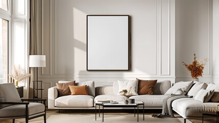 Elegant living room with blank canvas, neutral colors, modern furniture, and natural light.
