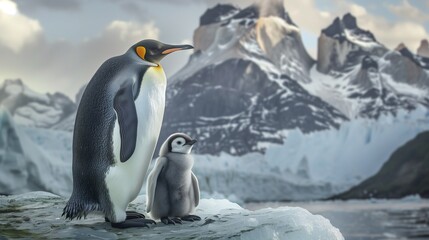 Obraz premium A Fiordland penguin chick nestled in its parent's feathers, both standing on an icy ridge with towering mountains in the background.