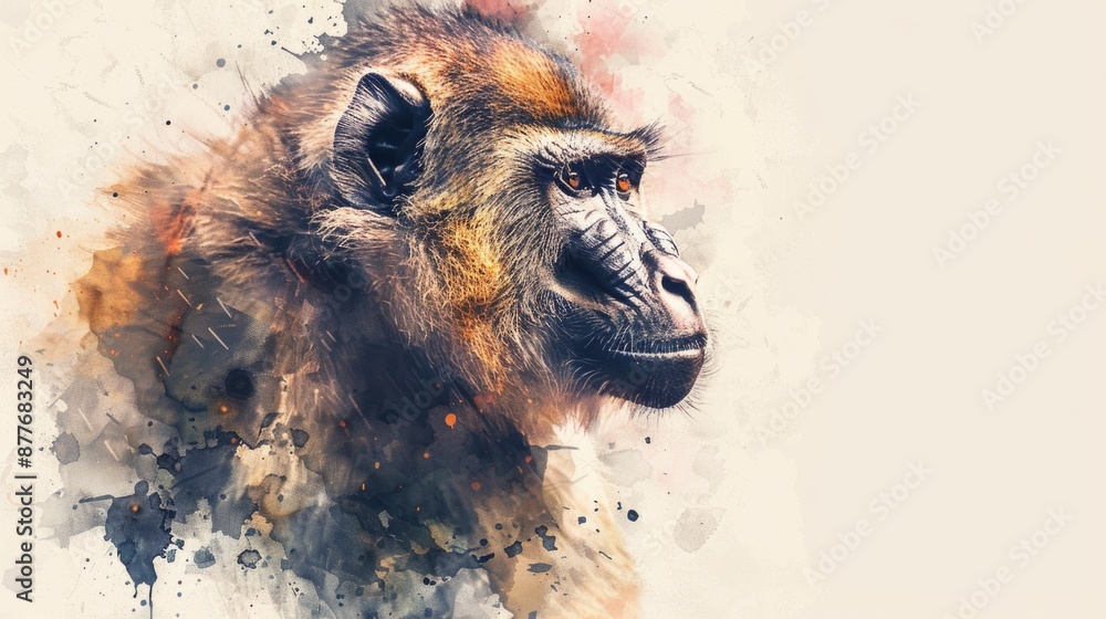 Poster a curious monkey sitting on a white surface, looking directly at the camera