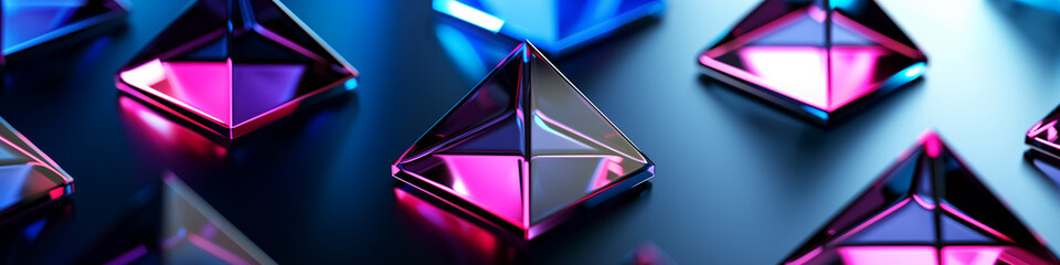 3D glass pyramid texture under neon lighting, panorama colorful crystal geometric decoration pattern