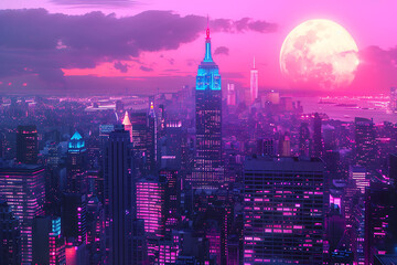 Fototapeta premium Neon-lit skyscrapers, pink and blue hues, futuristic city skyline, evoking a dreamlike, urban, and nostalgic mood. 