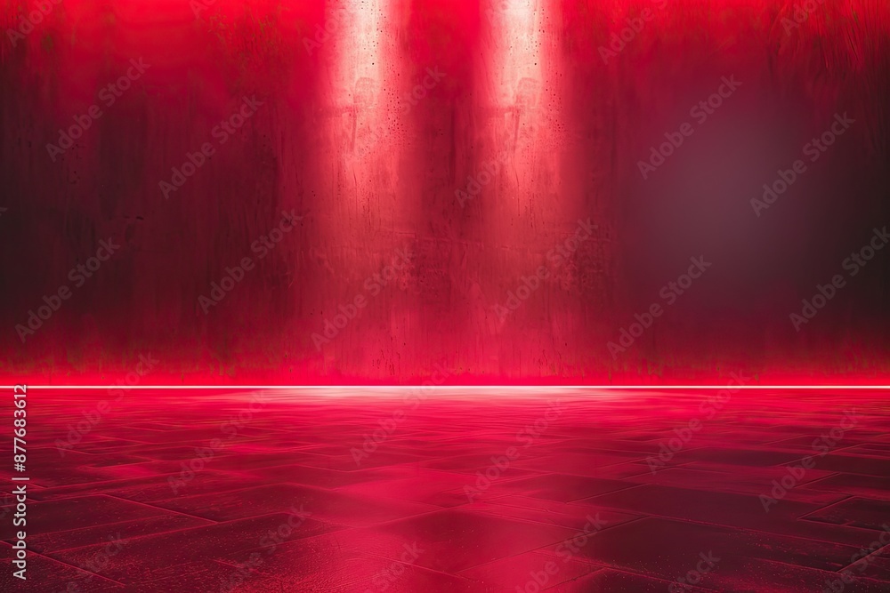 Poster a red room with a red floor and a red wall. the room is empty and has a red light shining on it