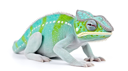 Obraz premium A vibrant blue, green, and white chameleon, isolated on white, showcasing its unique beauty and captivating charm. 