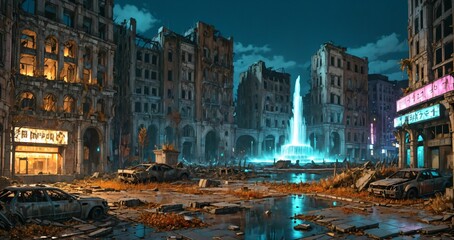 fountain in abandoned dystopian post apocalyptic city town ruins at night in autumn. broken damaged and overgrown buildings in town square downtown.