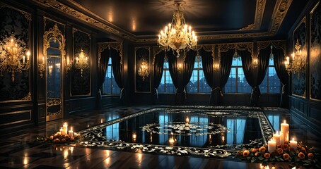 Obraz premium dark ballroom in palace mansion castle interior at night. smooth stone floor and lavish gothic decor and style. floral embellishments candle light with candles window view.