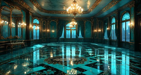 Obraz premium interior of palace room hall mansion mosque museum castle. turquoise blue green and gold gothic baroque design and decor with floral embellishments and ornaments. luxury house.