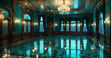 Obraz premium interior of palace room hall mansion mosque museum castle. turquoise blue green and gold gothic baroque design and decor with floral embellishments and ornaments. luxury house.