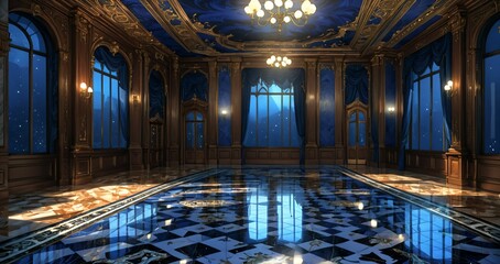 castle palace ballroom room interior in cobalt blue and gold. royal design and decor with embellishments and gothic style. luxurious mansion.