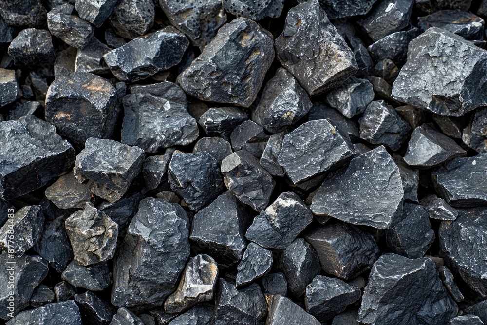 Poster a pile of black rocks with a rough texture. the rocks are scattered and piled up in various sizes. c