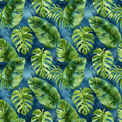 Seamless pattern of green tropical monstera leaves on dark gray background watercolor illustration