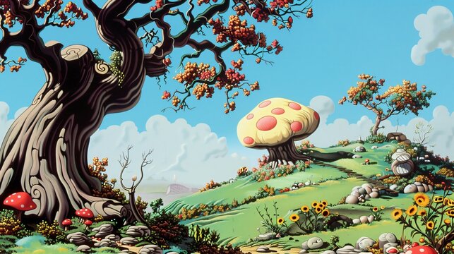 Fantasy landscape showing giant mushrooms growing on idyllic rolling hills