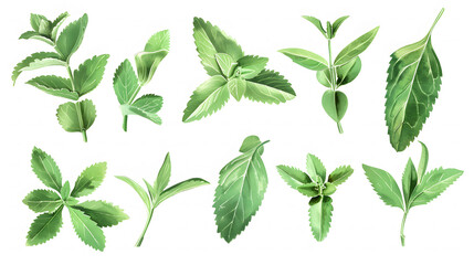 Set of stevia leaves, known for their natural sweetness and use as a sugar substitute in foods and beverages, design