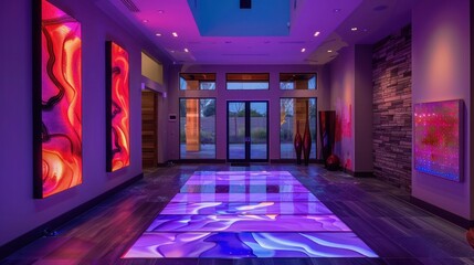 Contemporary suburban entry hall with a massive art installation, interactive floor tiles, and dramatic lighting