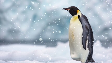 Obraz premium A lone Emperor penguin standing tall on an ice floe, with delicate snowflakes gently falling around it, creating a serene and peaceful atmosphere.