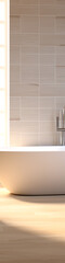 Minimalist bathroom design with white bathtub, beige tiles, and a chrome faucet, showcasing modern bathroom interior design. 