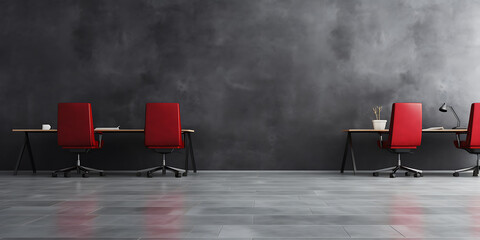 Minimalist office interior with red chairs, black desk, and grey wall, showcasing modern design and professional workspace. 
