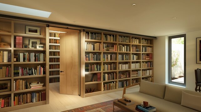 Contemporary suburban home with a bespoke library wall that features a hidden door to a secret room