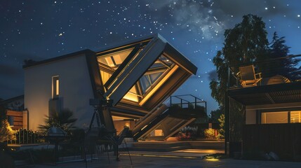 Contemporary suburban home with a motorized, sliding roof that opens to reveal a star-gazing platform with telescopic views
