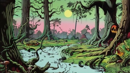 Surreal swamp scene featuring glowing moon, eerie trees, and lush greenery