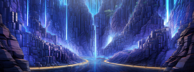 Futuristic blue and purple canyon with a glowing road, perfect for fantasy, sci-fi, and video game backgrounds. 