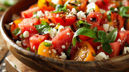 Fresh summer salad with red watermelon, yellow tomatoes and feta cheese, perfect for a healthy and delicious meal. 
