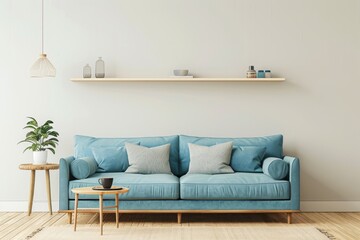 Scandinavian living room with blue sofa and wooden shelf in pastel color interior design