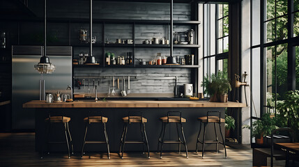 Modern industrial kitchen with dark wood and black metal, natural light, and green plants.