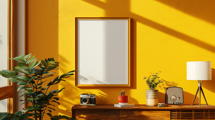 Yellow wall, wooden furniture, green plants, and a blank canvas for your design, perfect for modern home decor and minimalist lifestyle. 