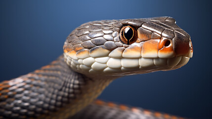 Obraz premium A close-up of a snake's head, with a blue background, showing scales, orange and grey colors, and a captivating gaze. 