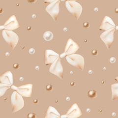 Seamless pattern with birthday and holiday pastel ribbon bow, silver, grey balls. Hand drawn watercolor children and girls illustration isolated on white background. Shiny element for designers,