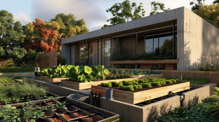 Contemporary suburban home with an automated garden system that includes self-watering planters and nutrient monitoring