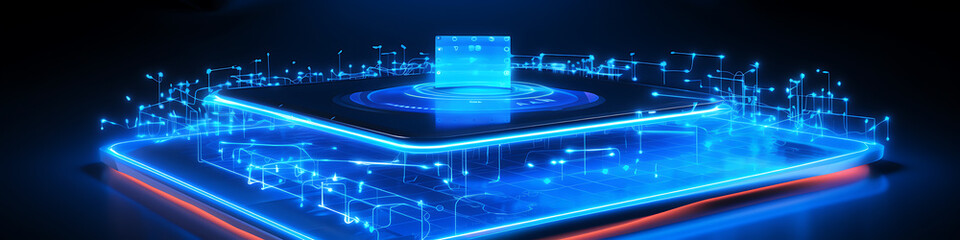 Naklejka premium Abstract futuristic glowing blue and red digital technology concept, ideal for presentations, websites, and social media. 