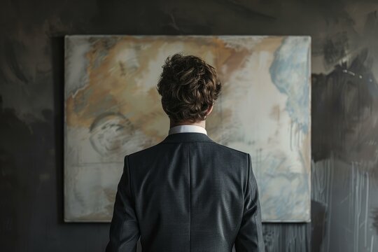 Art dealer is standing in his gallery, admiring an abstract painting