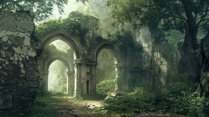 Fototapeta premium Ancient stone ruins of a forgotten civilization overtaken by the lush forest