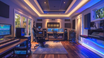 Contemporary suburban home with a soundproof music room that includes recording studio quality acoustics and ambient lighting