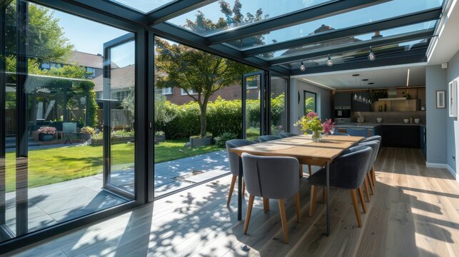 Contemporary suburban home with a glass-enclosed conservatory that serves as a dining room and connects to the garden