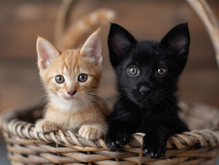 cute little black dog and cute cat cuddling in basket