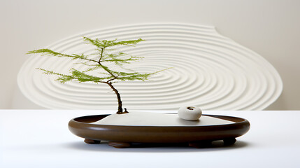 Zen garden with green tree and white sand, brown pot, white background, minimalist design, tranquility and peace, perfect for meditation and relaxation. 
