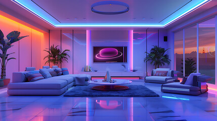 Modern living room with blue and pink neon lights, perfect for a futuristic and stylish interior design. 
