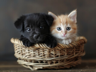 cute little black dog and cute little white cat cuddling in basket