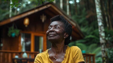 Happy african american woman relaxing at cozy forest cabin retreat surrounded by nature