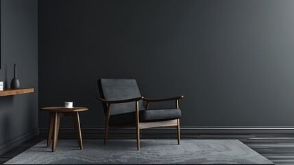 A dark grey armchair and a wooden side table on a grey rug in a minimalist living room. 
