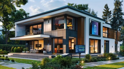 Obraz premium Contemporary suburban home with an energy-monitoring system that tracks usage and optimizes efficiency through an intuitive dashboard