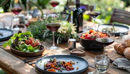 Fototapeta premium Elegantly set dining table with plates of food, wine glasses, salad bowl, and a glass of wine