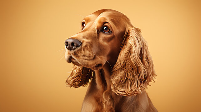 Golden brown Cocker Spaniel dog portrait on a yellow background, perfect for pet, animal, or breed-specific projects. 