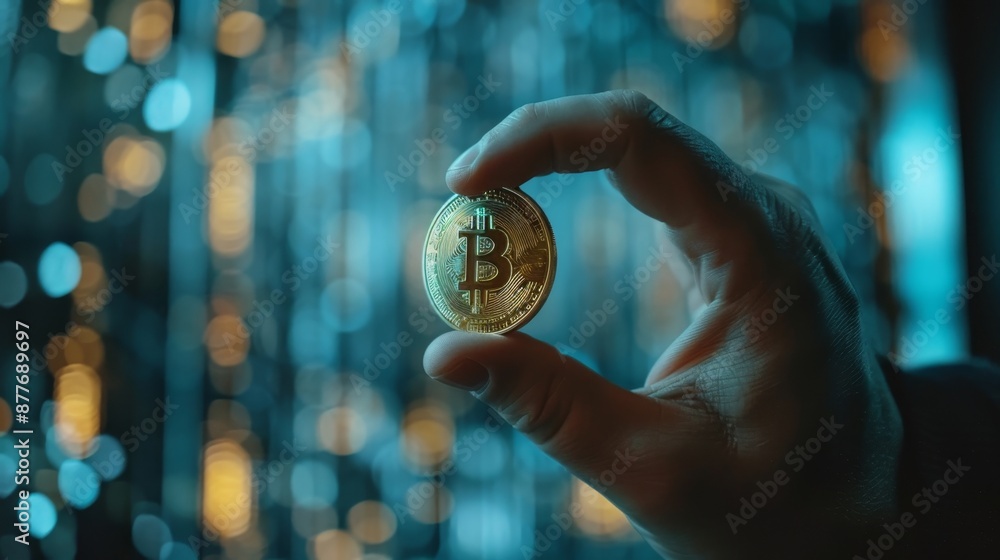 Poster hand holding physical bitcoin on digital backdrop with ample space for cryptocurrency concept text