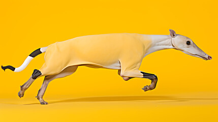 A yellow dog running on a yellow background, a playful and energetic image for pet owners. 
