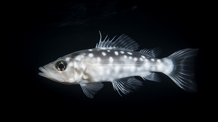 Fototapeta premium A white and grey spotted fish with a black background, a perfect image for marine life, ocean, and underwater concepts. 