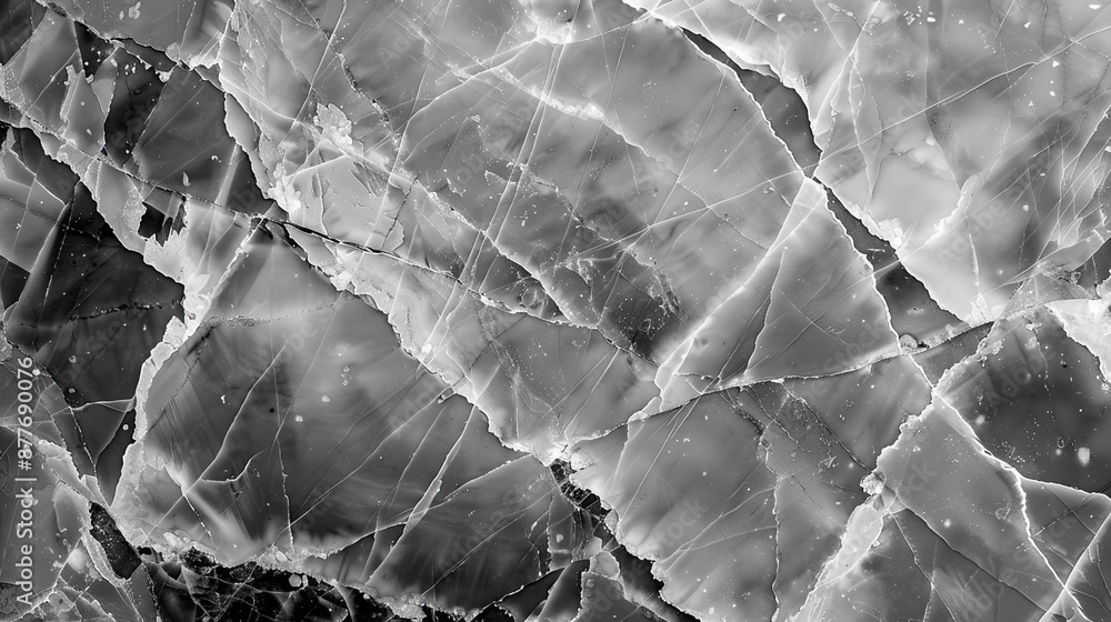 Poster the image is a close up of a black and white stone with a lot of cracks and fractures. the stone app
